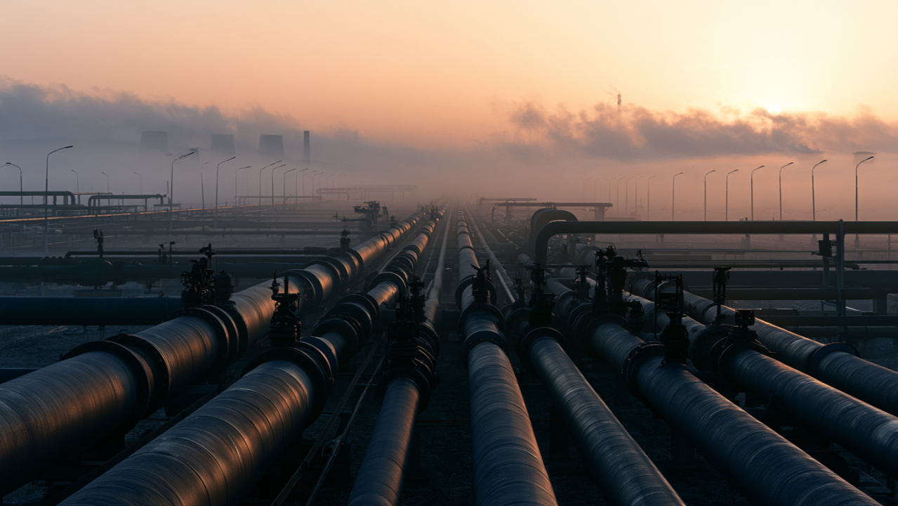Pijpleidingen op een industrieterrein bij zonsopgang